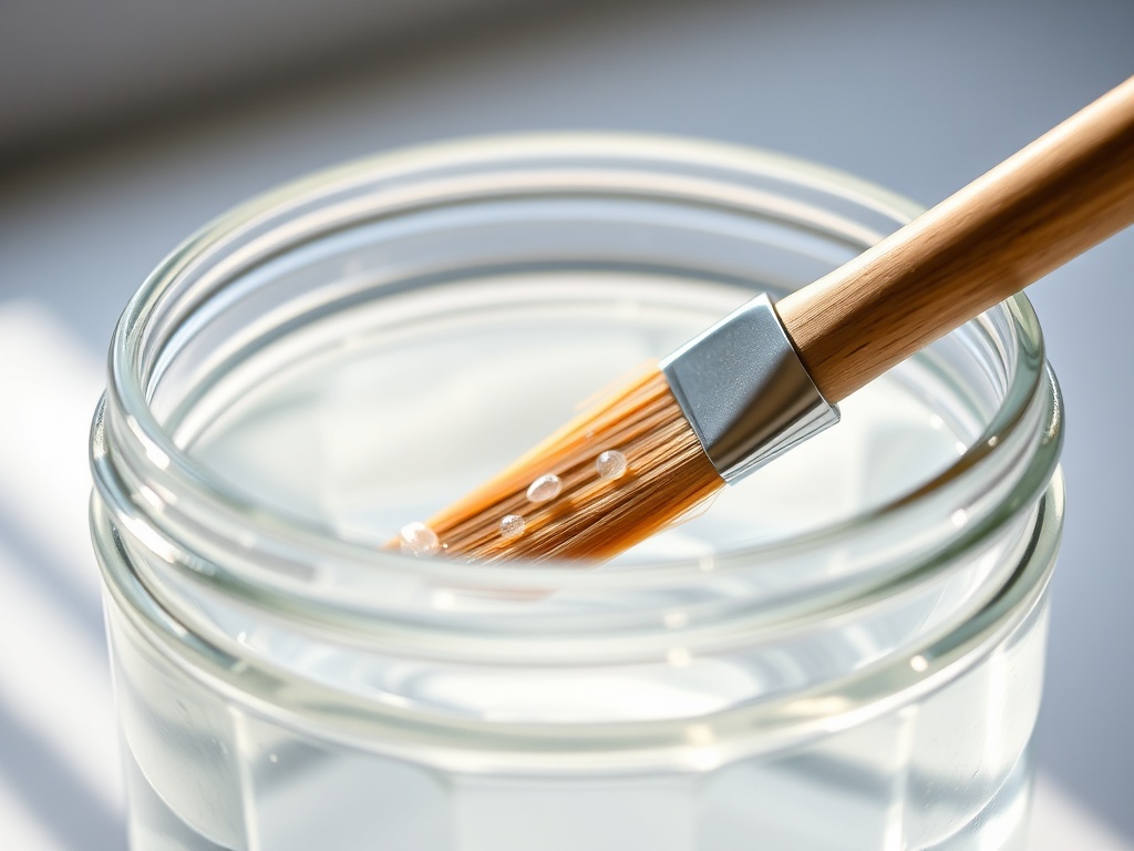 맑은 물이 담긴 유리병에서 부드럽게 세척되고 있는 수채화 붓의 클로즈업 장면