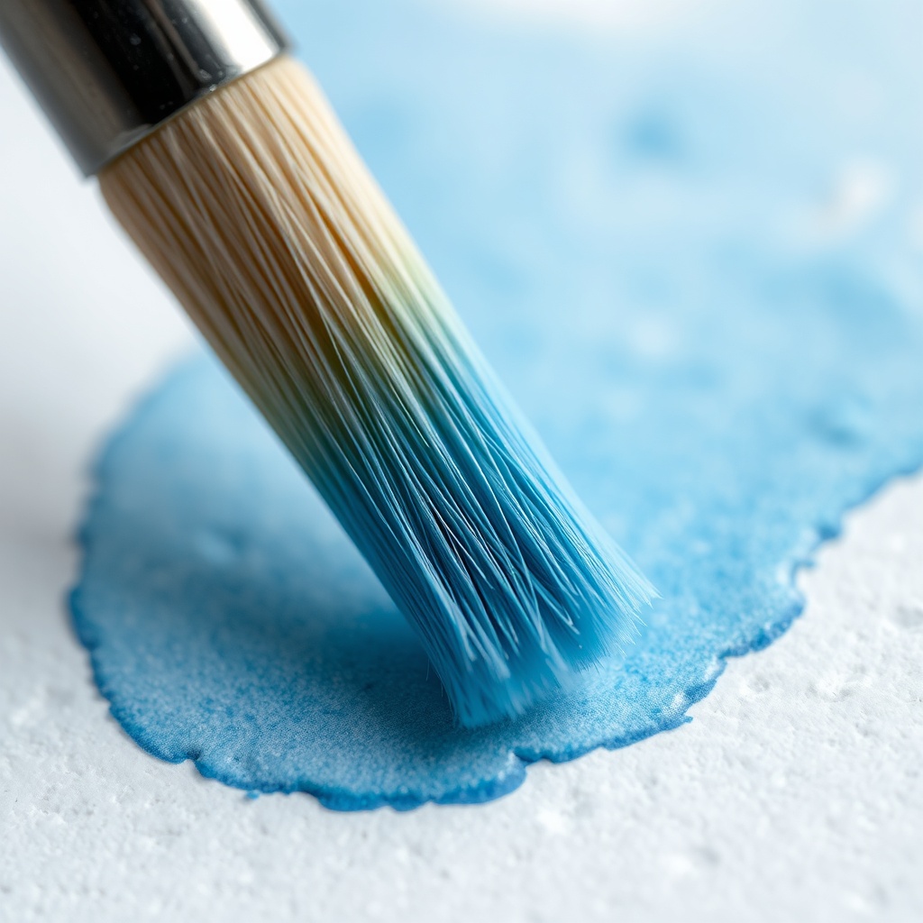 수채화 붓 끝에서 물감이 종이로 번져나가는 세밀한 장면과 붓모의 질감