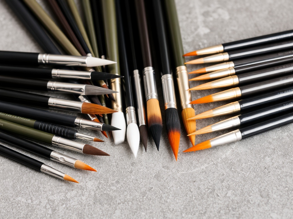 다양한 크기와 모양의 수채화 붓(평붓, 둥근붓, 세필붓)이 테이블 위에 비교를 위해 나열된 모습