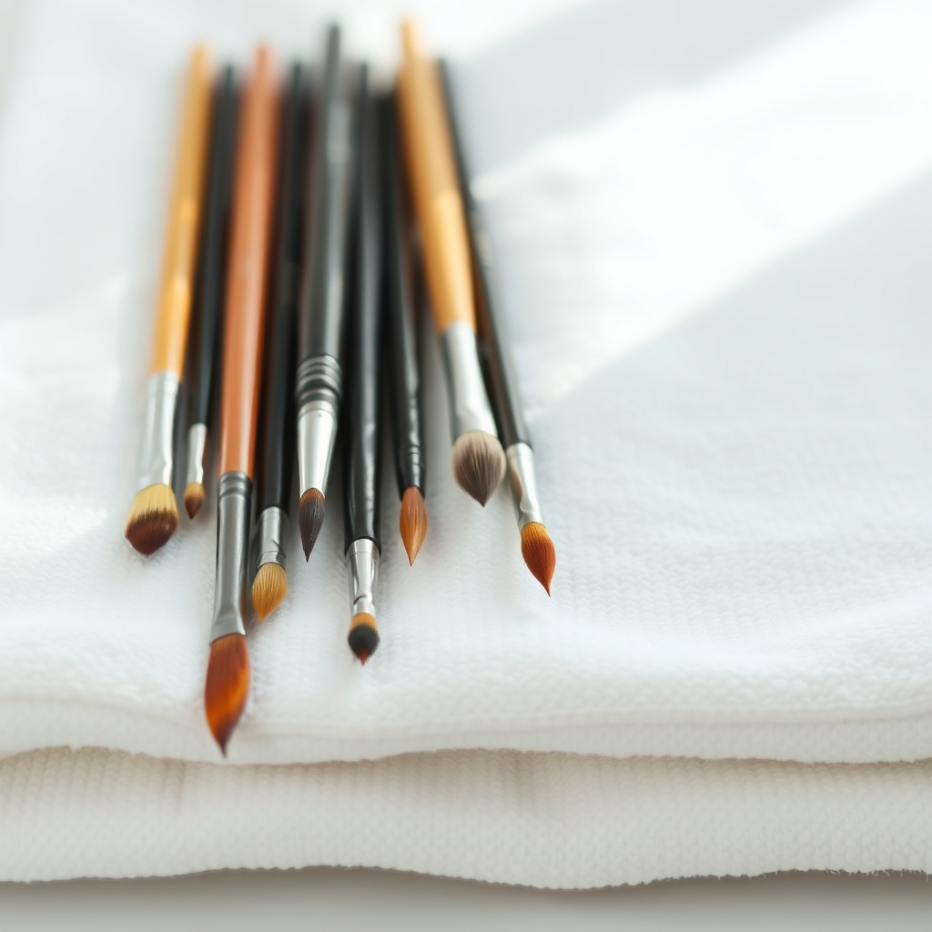 수건 위에 수평으로 가지런히 놓여 건조되고 있는 다양한 크기의 수채화 붓들